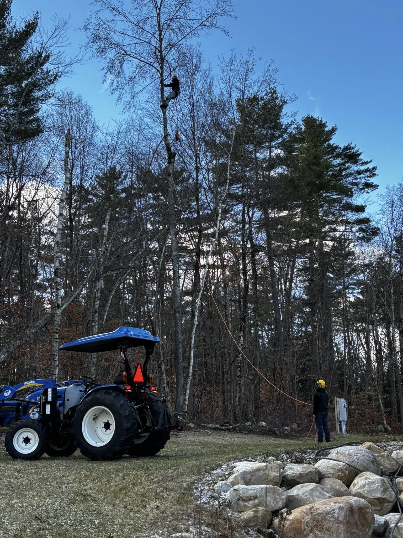 Professional tree removal crew with tractor in Southern Vermont